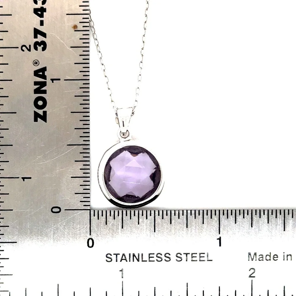 Sterling Silver Purple Amethyst Round Bezel Pendant Necklace Adjustable Chain